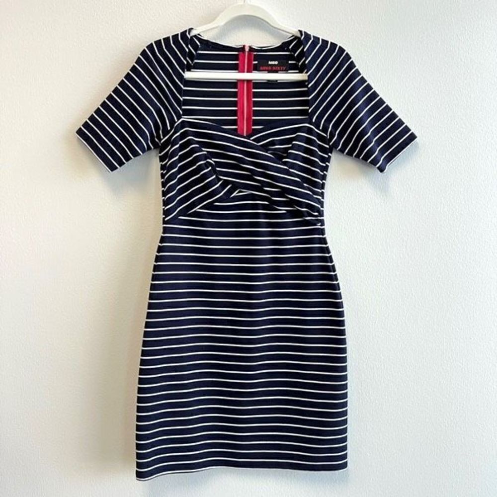MISS SIXTY Navy White Striped Stretch A-line Midi Dress Women’s Size 4
